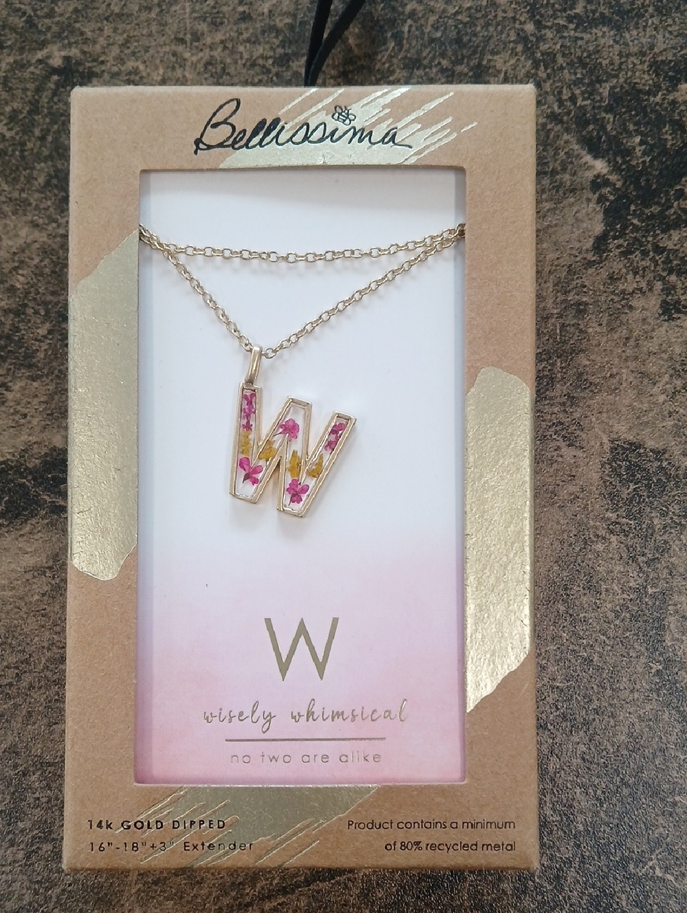 Bellissima Gold-Dipped 'W' Necklace with Pink Floral Inlay